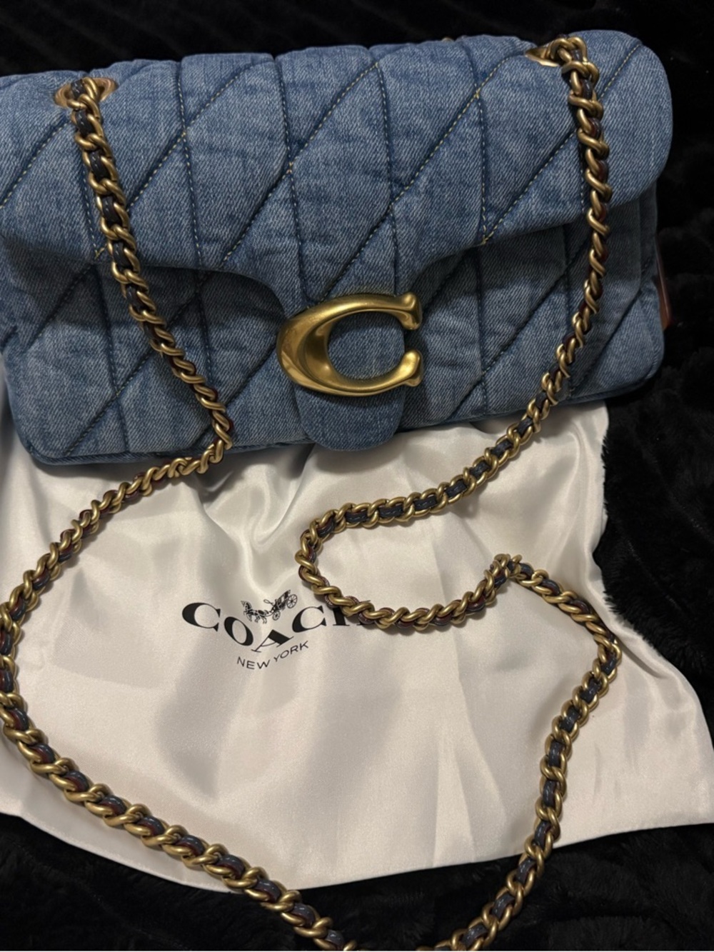 Coach Quilted Light Blue Denim Shoulder Bag with Gold Hardware